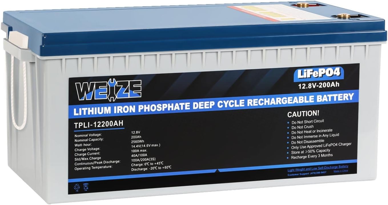 Weize 12V 200Ah LiFePO4 Lithium Battery, Up to 8000 Cycles, Built-in Smart BMS, Perfect for RV, Solar, Marine, Overland/Van, and Off Grid Applications