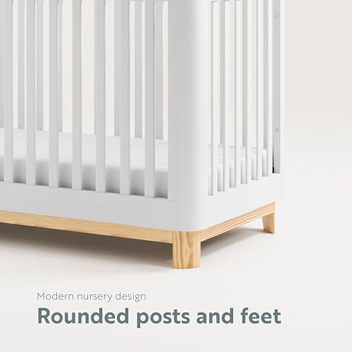 Storkcraft Santos 3-in-1 Convertible Crib (White with Natural) – GREENGUARD Gold Certified, Fits Standard Crib Mattress, Converts to Toddler Bed, Modern Style, Rounded Designer Details