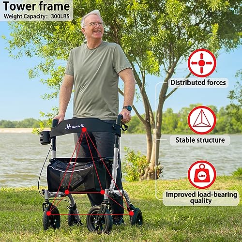 Rollator Walker for Seniors, Lightweight Foldable All Terrain Rolling Walker with seat, Aluminum Walkers with 10 inch Rubber Wheels, Handles and Backrest for Seniors and Adult