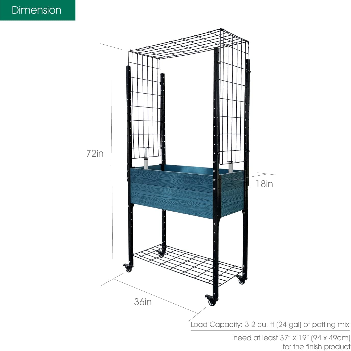 Self Watering Planter Box on Wheels: Raised Bed Planter with Trellis, Mobile Design and Unique Aged Blue Finish - Perfect for Gardeners, Designers, and Architects
