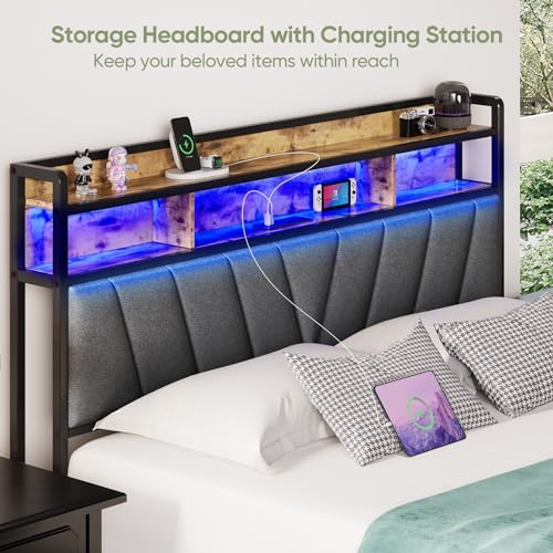 Full Bed Frames, Metal Bed Frames with Charging Station, LED Lights Bed Frames with Upholstered Storage Headboard, Sturdy and Noise-free, Storage Space under Bed, No Box Spring Needed, Brown