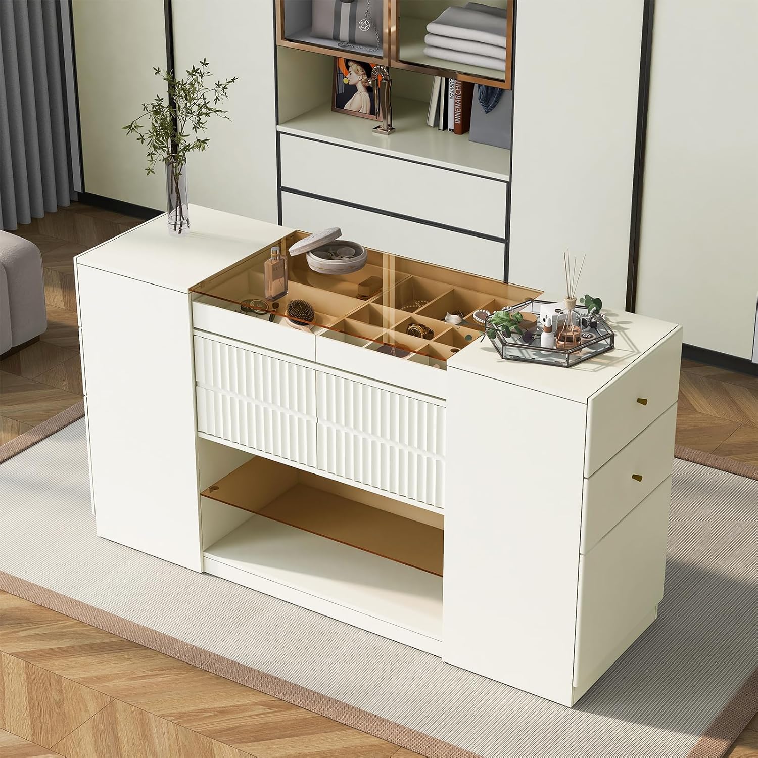 Wardrobe Armoire Bedroom Island with Glass Top, Closet Island with 6 Drawers, 3 Cabinets, Glass Display Shelf Island Dresser Wooden Closet Storage Cabinet for Walk-in-Wardrobe Bedroom Shops