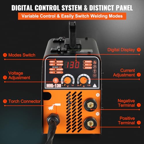 VEVOR MIG Welder, 130A Welding Machine, 3 in 1 Combo MMA/MIG/LIFT TIG Welder Machine, Flux Core Welder, MIG-130 Portable Welding Machine for Carbon Steel, Stainless Steel