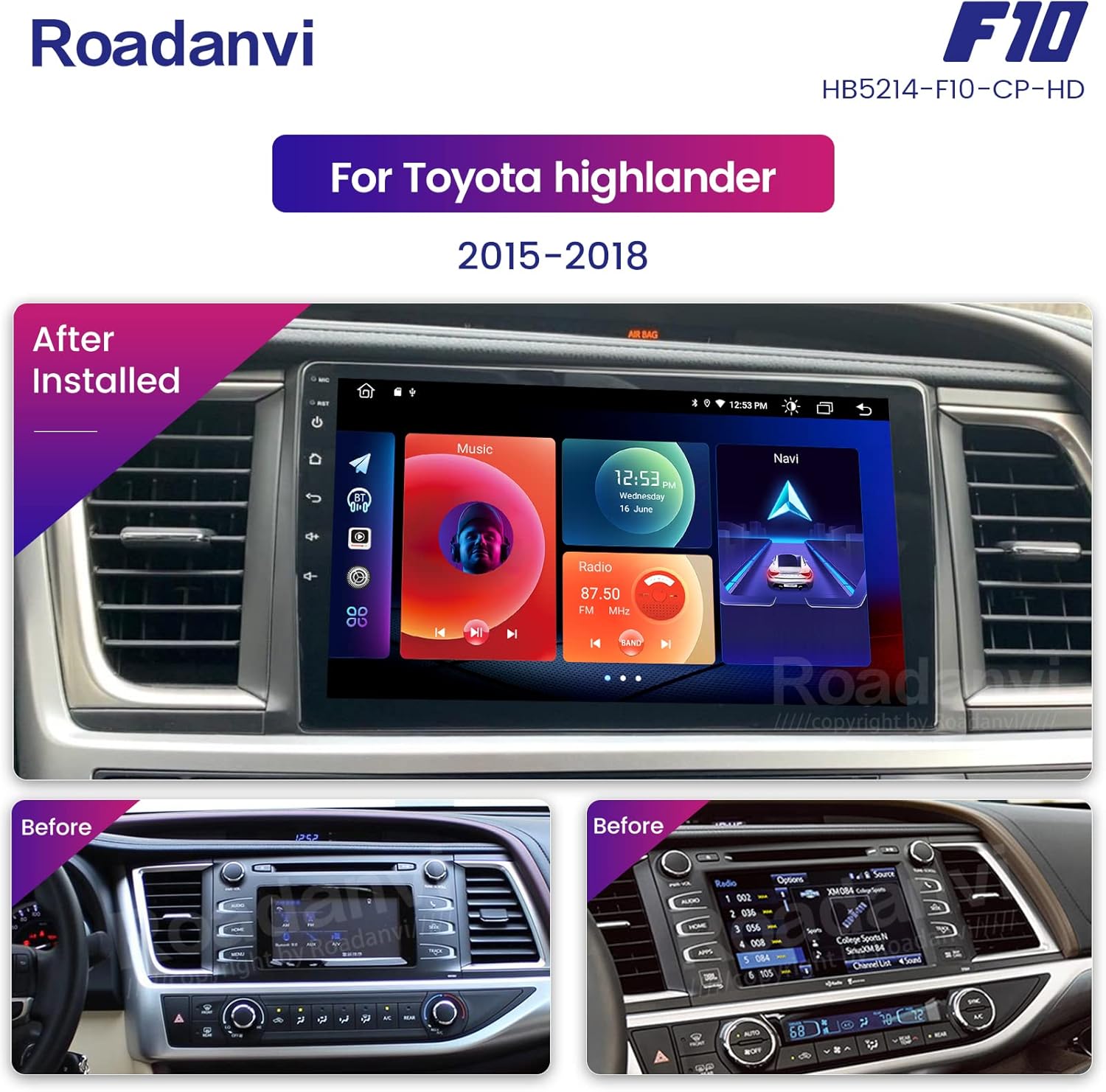 Roadanvi for Toyota Highlander 2015 2016 2017 2018 Car Stereo Bluetooth Radio Car Navigation Carplay Android Auto 1280x720 IPS Touch Screen 4GB+64GB