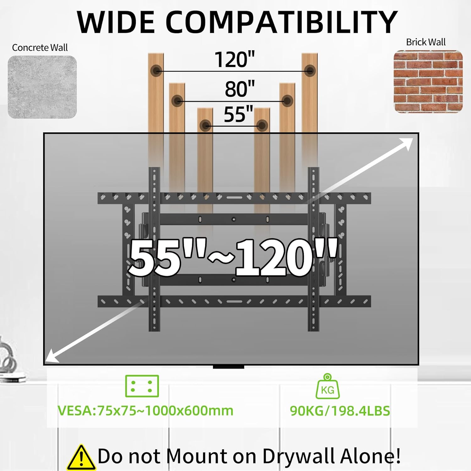 98 Heavy Duty 55 to 120 inch Extra Large Screen TV Articulating Ultrathin Wall Mount for LCD Flat and Curved Screens, Extended Arm Swivel Mount, Max VESA 1000x600mm, Up to 176.4lbs DY1020L
