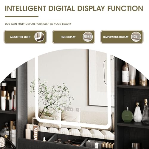 Vabches Makeup Vanity Desk, Vanity Mirror with Lights Desk and Chair,Makeup Table with 3 Large Drawers and 2 Cabinets, Time and Temperature Display, 3 LED Lighting Modes Adjustable, White