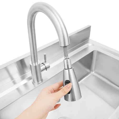 Stainless Steel Kitchen Sink 50L Freestanding Single Bowl Utility Sink with Cold and Hot Water Pipe and Pull-Out Faucet Utility Washing Hand Basin with Storage Shelf Laundry Tub for Indoor Outdoor