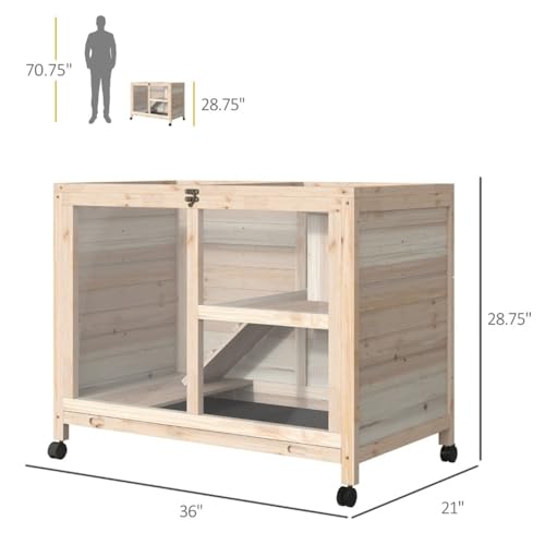 Wooden Rabbit Hutch - Bunny House and Guinea Pig Cage - Rabbit House with Tray and Wheels - Rabbit Cage with Ramp - Openable Roof with Easy-Open Latch - Pet House for Small Animals - Blue & White
