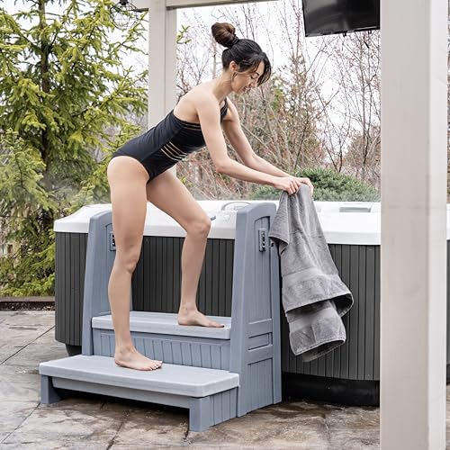 Step2 Hot Tub Storage Steps with Handrails, 2-Step Stool, Stairs for Outdoor and Indoor Use, Waterproof, Gray