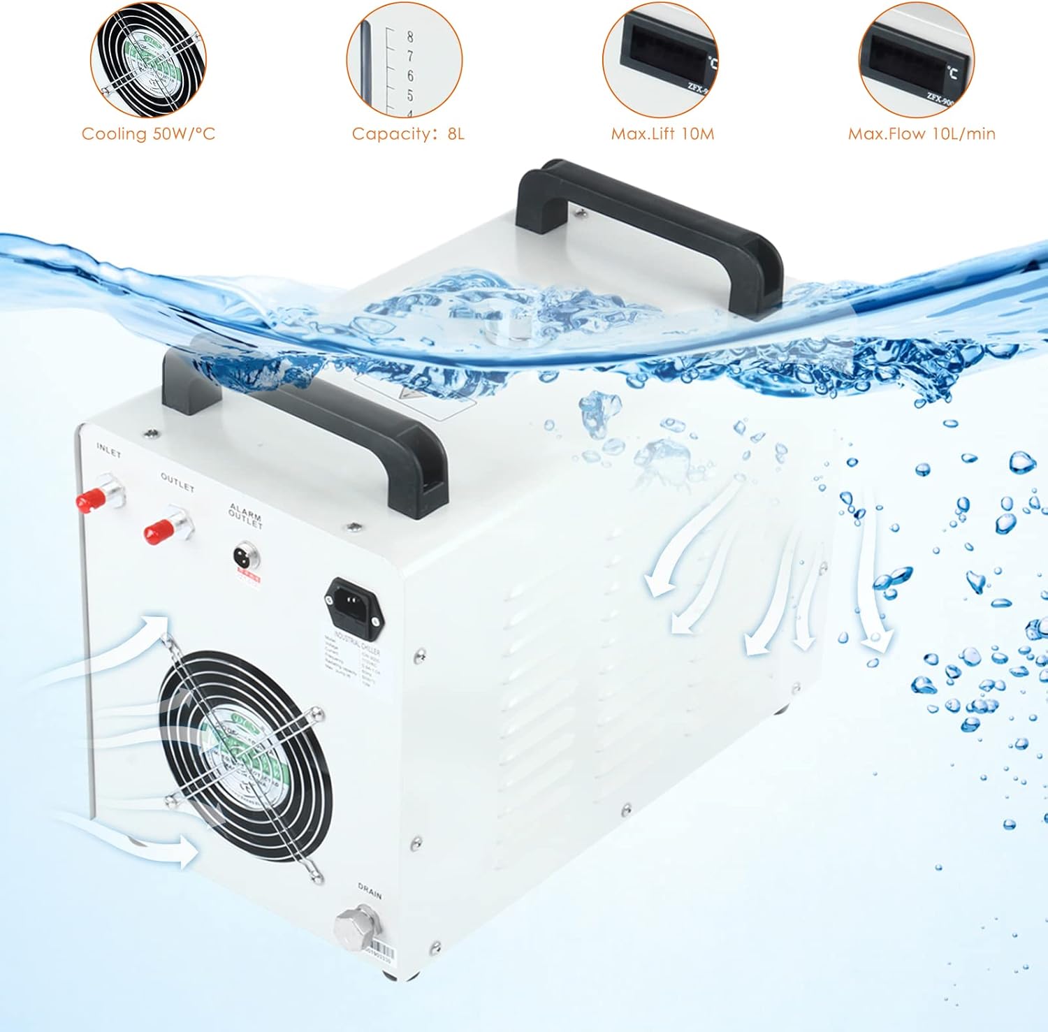 DasMarine CW-3000 Water Chiller,8L Industrial Water Chiller,Thermolysis Type Water Cooling Chiller Machine,110V Economic Water Cooling Equipment for 60W 80W Laser Engraving Machine