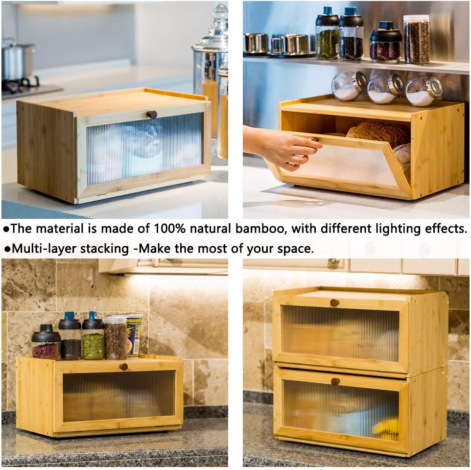 ETMI Bamboo Bread Box for Kitchen Counter-Large Capacity Bread Storage Container Farmhouse Bread Box with Window Bread Holder Pack of 2