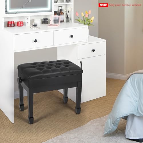 Adjustable Height Piano Bench with Storage, Heavy Duty Wooden Piano Stool Keyboard Bench with PU Leather Cushion, Brown