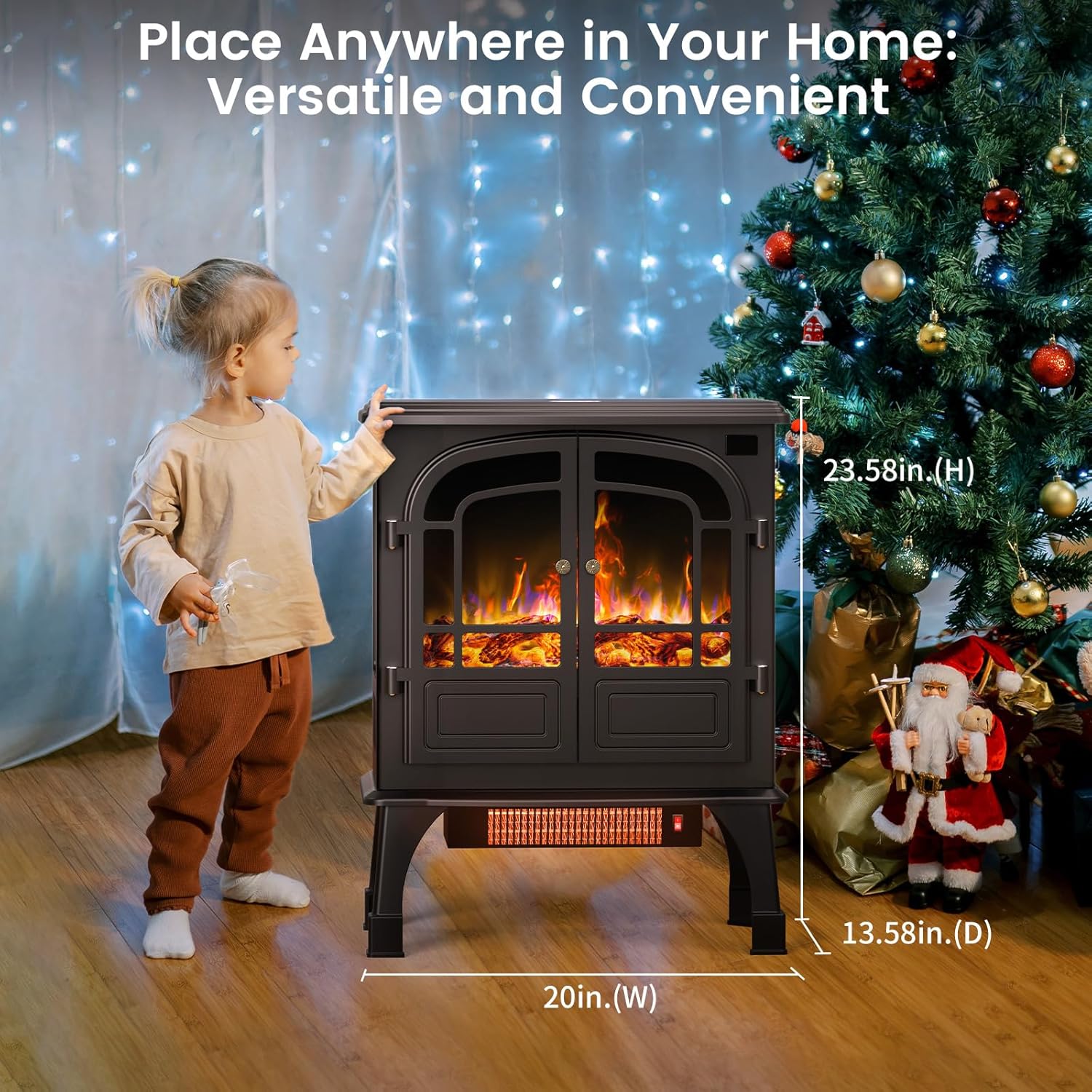 24'' Electric Fireplace Heater, Fire Places Stove with Remote Control, 3D Realistic Flame, Overheating Safety Protection, Timer, 5 Flame Brightness, 2 Heating Mode 750/1500W for Home