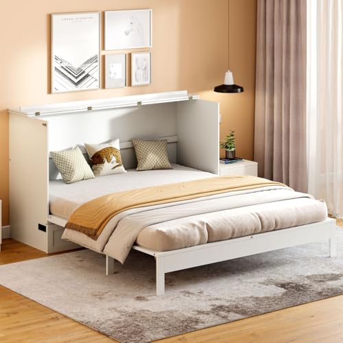 Full Size Murphy Bed Cabinet, Solid Wood Murphy Bed with Charging Station and Large Storage Drawer, Wall Mounted Foldable Platform Bed, Space Saving for Guest Room, Office, Gray