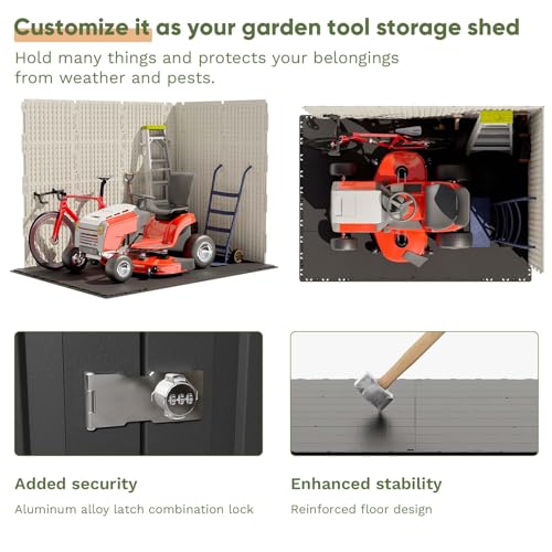 Patiowell 8' x 6' Plastic Outdoor Storage Shed with Floor, Resin Shed with Window and Lockable Door for Garden, Backyard, Tool Storage Use, Easy to Install in Gray and White (Kick-it Shed)