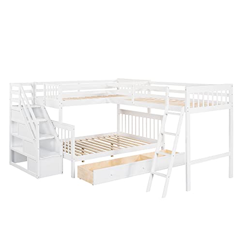 Twin over Full Triple Bunk Bed with Drawers and Stairway, L-Shaped Bunk Bed and Loft Bed Combo with Storage Compartment for 3, Ideal for Extended Family or Dorm (Espresso)