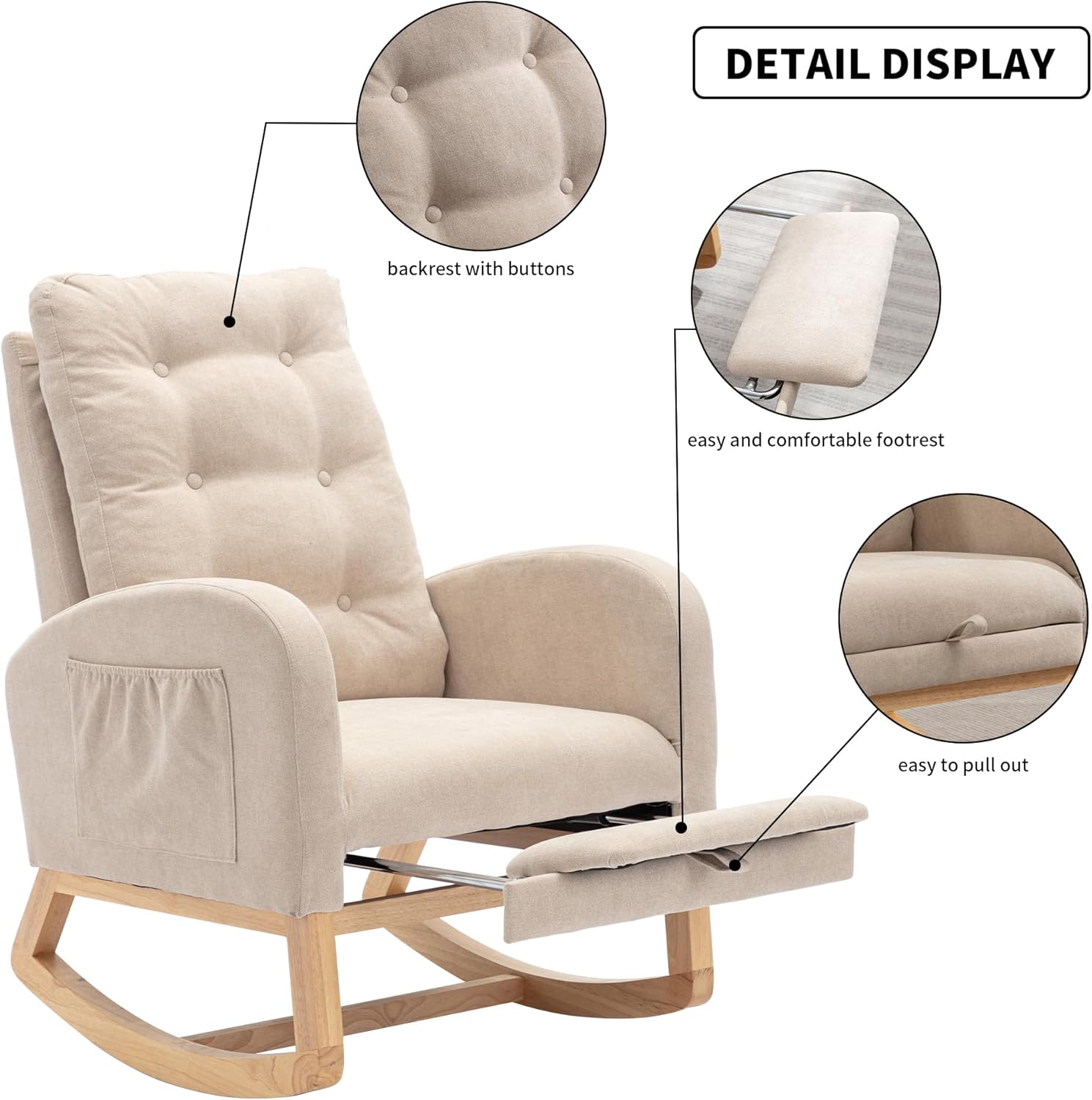 Rocking Chair Set of 1, Upholstered Glider Rocker with High Backrest Armchair, for Living, Bedroom, Nursery Room, Beige