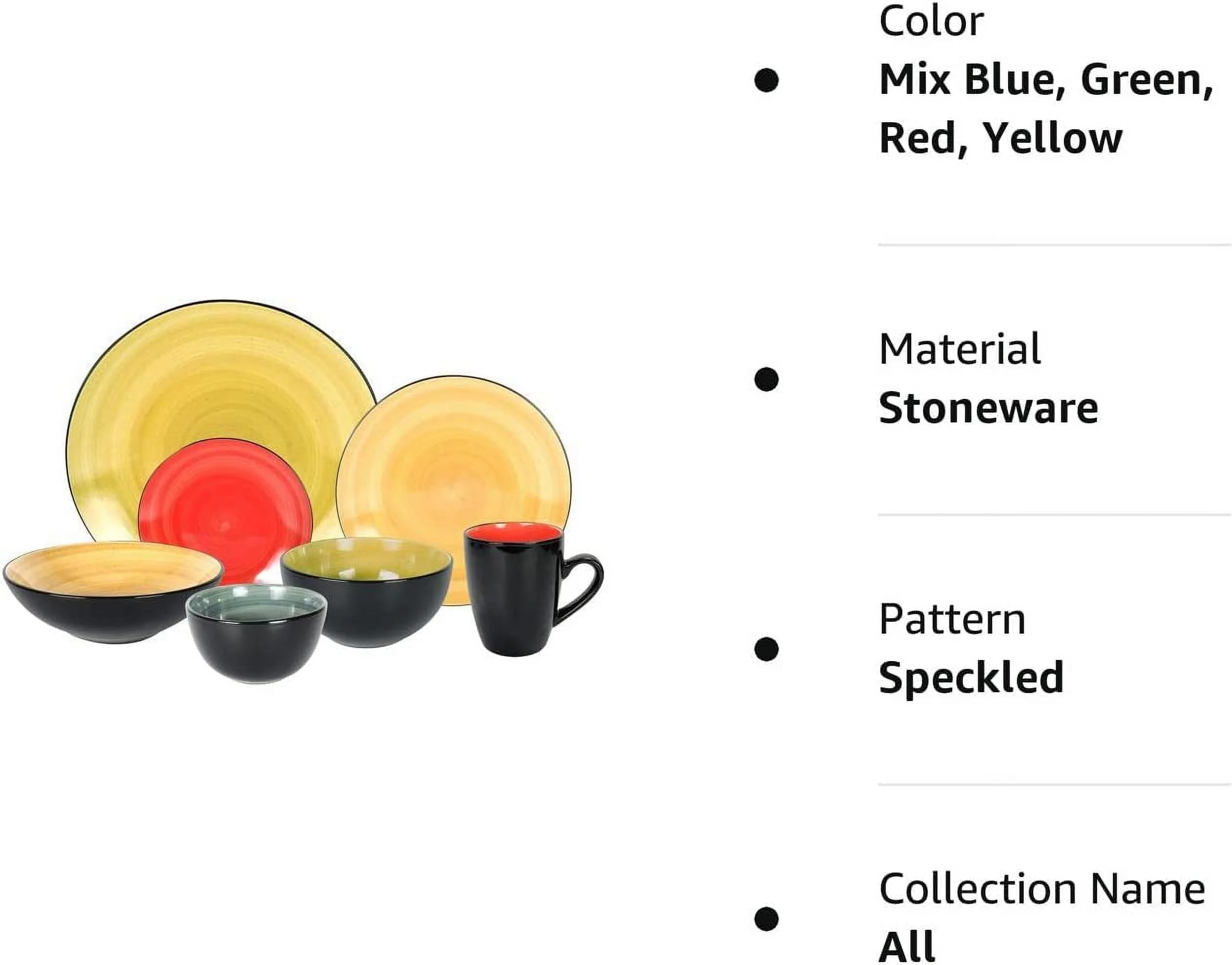 Stoneware Sonoma Dinnerware Set Black + Speckled Spin Wash (56Pc Set Mix Blue Green Red Yellow)