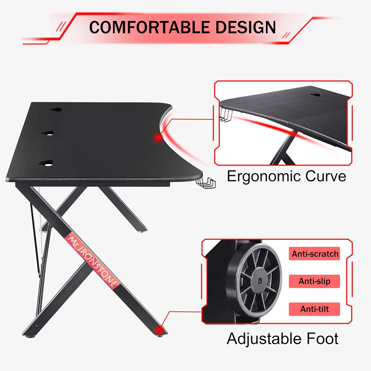 Mr IRONSTONE Large Gaming Desk 63 W x 32 D Home Office Computer Table, Black Gamer Workstation with Cup Holder, Headphone Hook and 3 Cable Management Holes