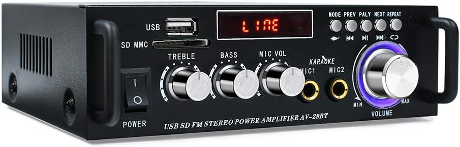 Bluetooth 5.0 Stereo Audio Amplifier Receiver – 300W HiFi Dual Channel Sound Receiver w/USB,SD Card,FM Radio,2 Microphone Input,Remote Control Mini Hi-Fi Karaoke Integrated Amp
