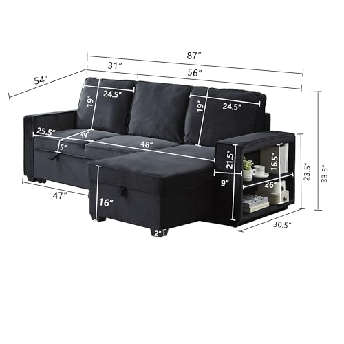 Modern L-Shaped Sectional Sofa, Velvet Sofabed with USB & Storage Chaise, Brown