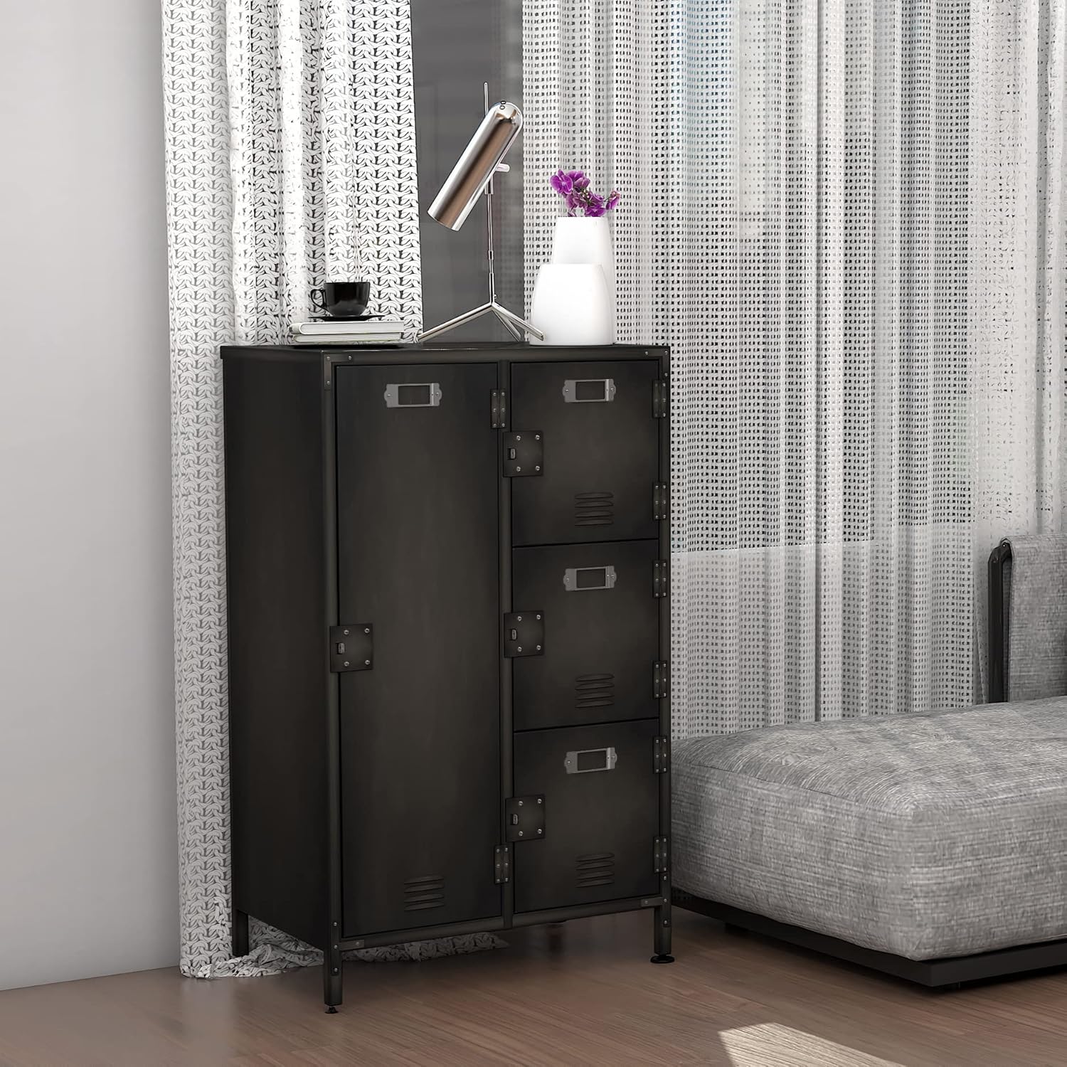 Metal Locker Storage Cabinet, 55" Employees Locker with 4 Doors, Steel Retro Wardrobe with Adjustable Feet for Home, Office, Gym, School