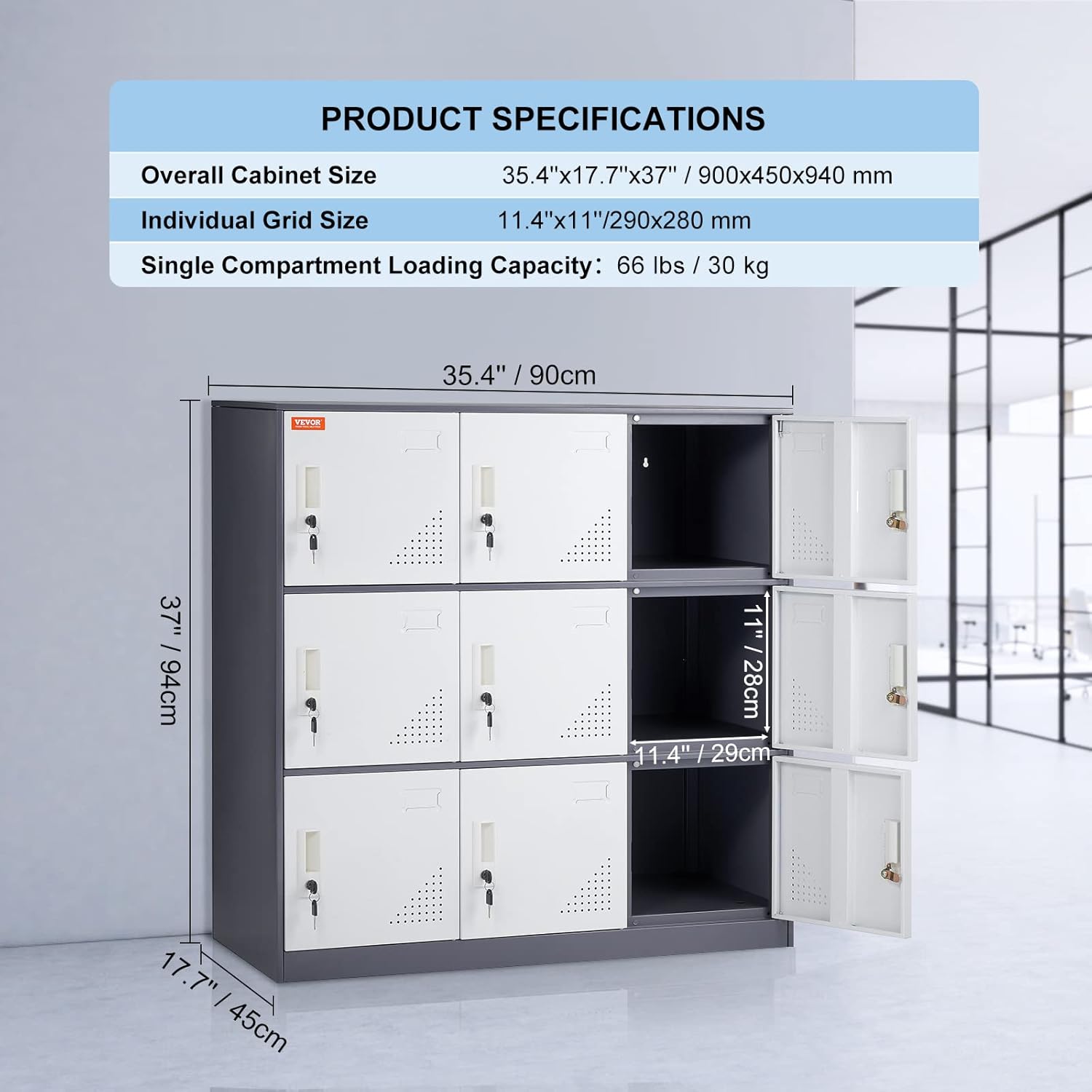 VEVOR Metal Locker for Employees, 9 Doors Storage Cabinet with Card Slot, Gray Steel Employee Lockers with Keys, 66lbs Loading Capacity Office Storage Lockers for Office, Home, School, Gym