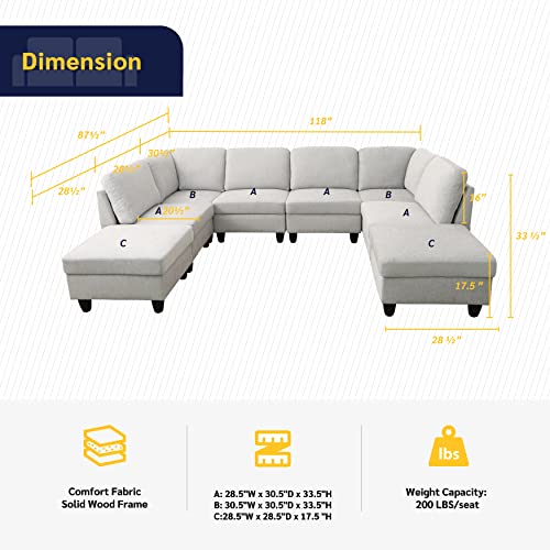 Beverly Fine Furniture Amoni 8 Piece U-Shape Modular Sectional Sofa, White Gray