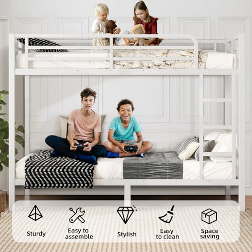 Twin XL Over Twin XL Bunk Bed, Metal Bunk Bed Frame Heavy Duty Bunk Beds Loft Bed Frame with Ladder and Guardrail Metal Slats No Box Spring Required for Adults Teens, Black