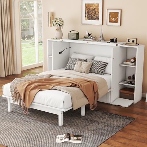 Full Size Murphy Wall Bed With Storage and Bookcase Headboard, Solid Wood Cabinets With Shelves, Drawers and USB Ports, Multi-Function Platform for Home Office, Guest Room - White