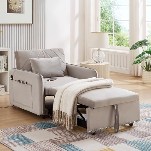 Convertible Chair Bed with USB Ports, 3 in 1 Modern Velvet Pull Out Sofa Bed Chair, Single Sleeper Chair with Pillow for Living Room, Small Spaces, Apartment, Office, Black