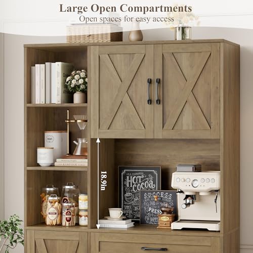 HOSTACK 71" Tall Kitchen Pantry Storage Cabinet, Farmhouse Food Pantry Cabinet with Microwave Stand, Barn Doors Kitchen Hutch with Large Drawer and Shelves for Dining Room, Ash Grey