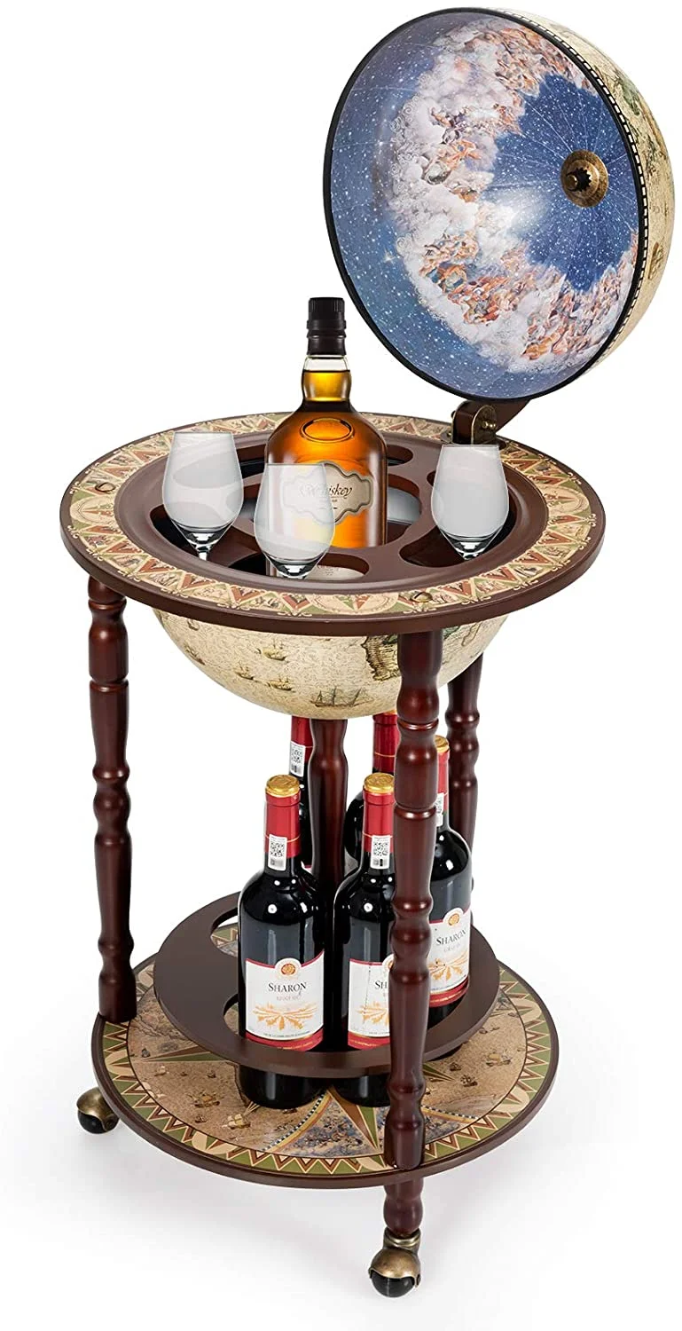 17.5” Globe Bar, Wood Globe Bar Cart with Wheels & Liquor Bottle Shelf, 16th Century Italian Replica Liquor Cabinet, for Living Room, Dining Room, Home, Creamy White