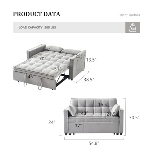 Sleeper Sofa Bed, 3 in 1 Sofa Bed Pull Out Couch Bed with Adjustable Backrest, Modern Sofa Bed for Living Room, Convertible Sofa Bed for Bedroom. (Grey)