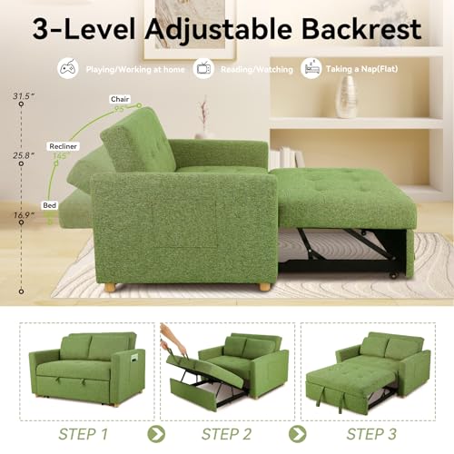 49" 2-Seater Loveseat Futon Sofa, 3-in-1 Convertible Sofa Bed, Linen Fabric Sleeper Couch Pull Out Bed with Spring Support,Adjustable Backrest, 2 Pillows for Living Room