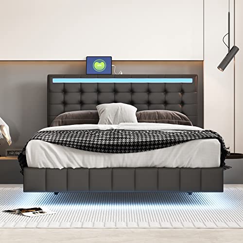 Queen Size Floating Bed Frame with LED Lights and USB Charging,Modern Upholstered Platform LED Bed Frame Queen led Bed Frame (Black)