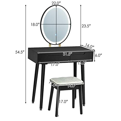 AUGESTER Vanity Set w/Screen Touch Mirror, Makeup Dressing Table w/ 3 Modes Adjustable Brightness Mirror, Cushioned Stool, 2 Sliding Drawers w/Divider, Modern Bedroom Vanity for Girls Women (White)