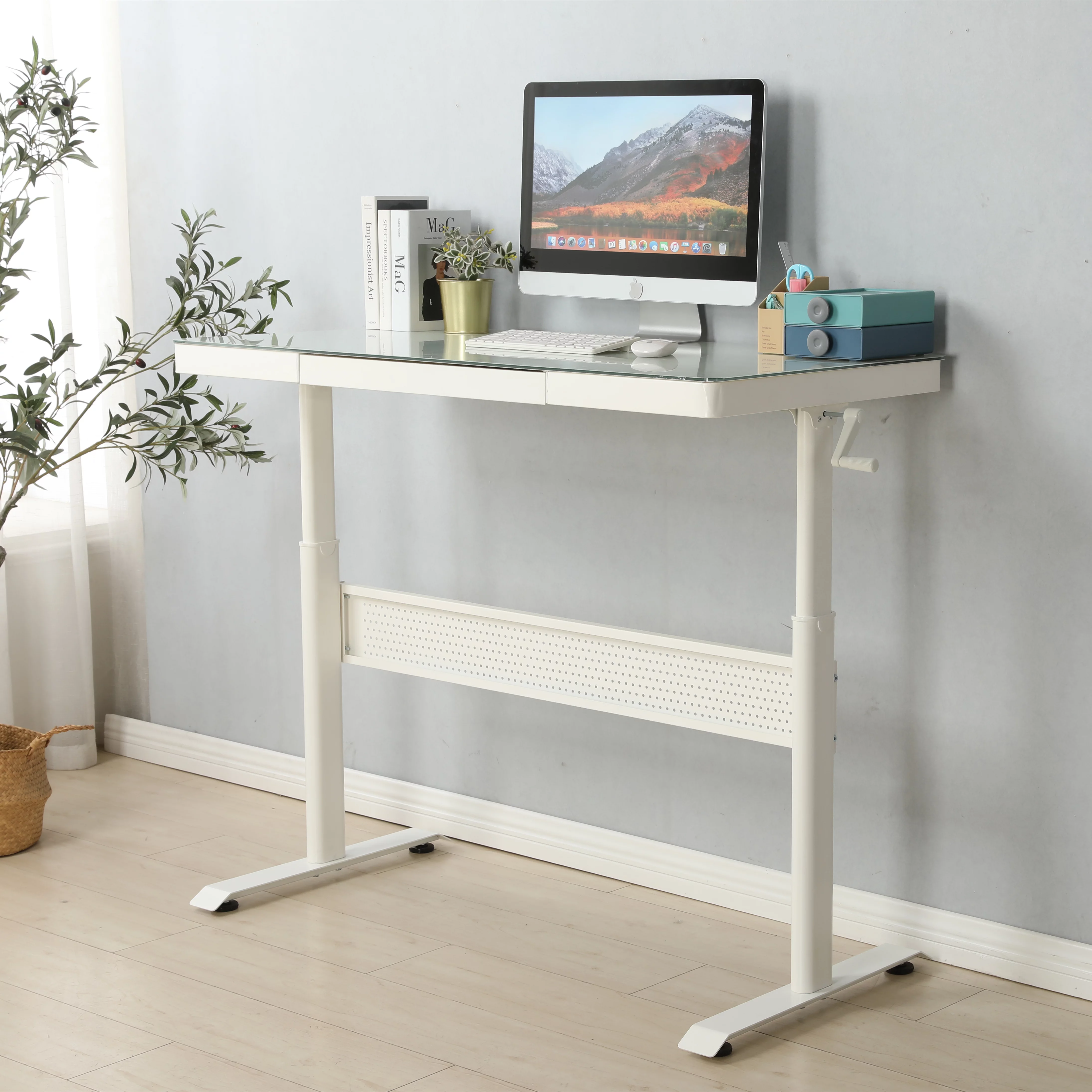 Tempered Glass Standing Desk with Metal Drawer 48 x 24 Inches , Adjustable Height Stand up Desk, Sit Stand Home Office Desk, Ergonomic Workstation