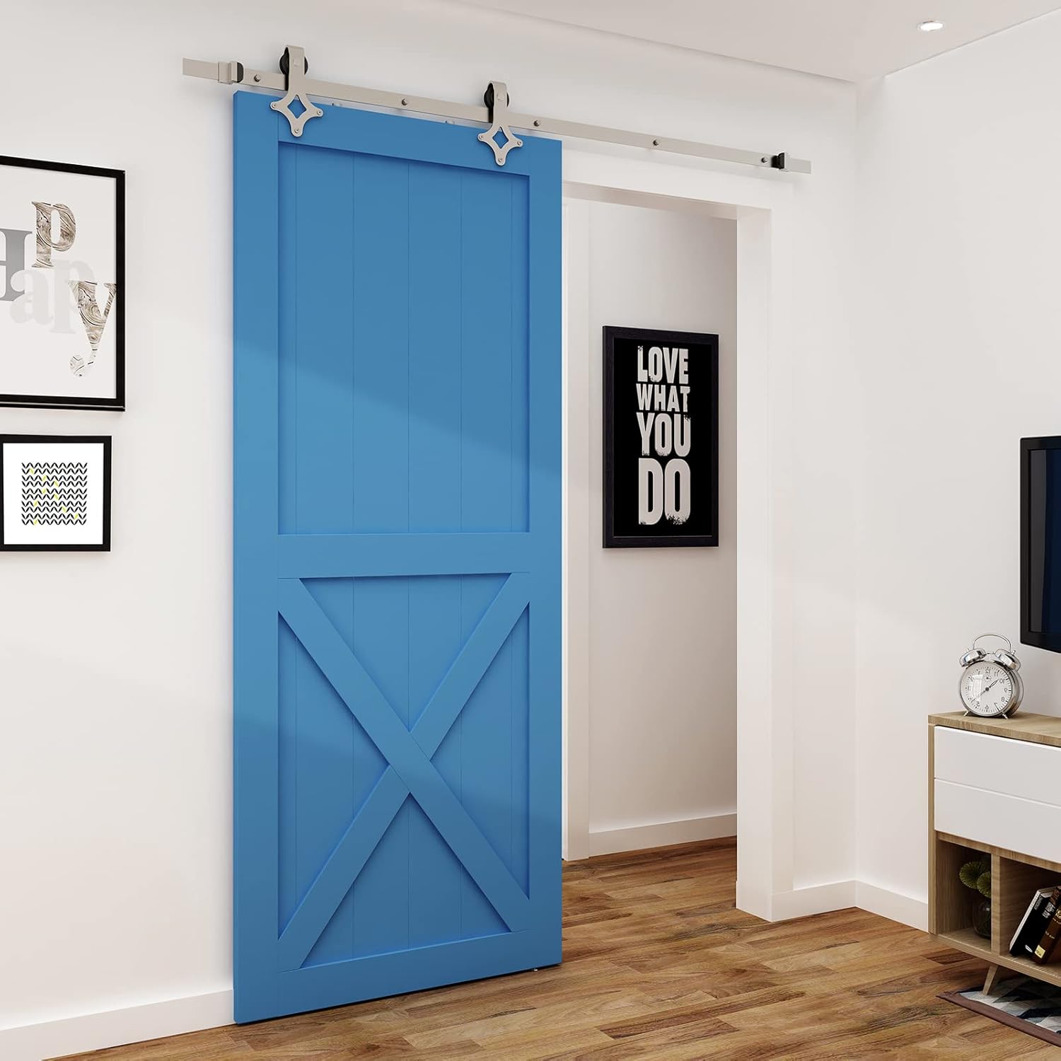 JUBEST Satin Nickel Sliding Barn Door Hardware Kit Smoothly and Quietly Hanger Roller Flat Track Kit J Shape Roller