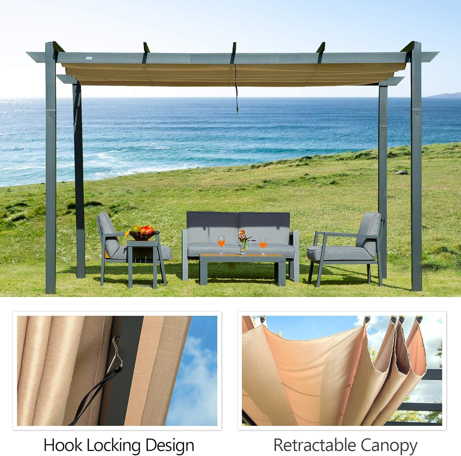 Outdoor Pergolas (2021 New) - Patio Aluminum Retractable Pergola Outdoor Gazebo Heavy Duty Grape Trellis Sunshade Canopy with Natural Wood Looking Finish by domi outdoor living (Martinique 10x13ft)