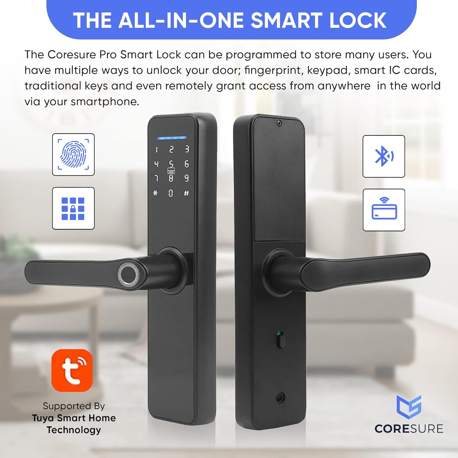 CoreSure Smart Keyless Entry Door Lock - Fingerprint Electronic Deadbolt Door Lock, Auto Locking, Smart Door Lock and Password Card - Compatible with Tuya Smart Home App for Remote Access