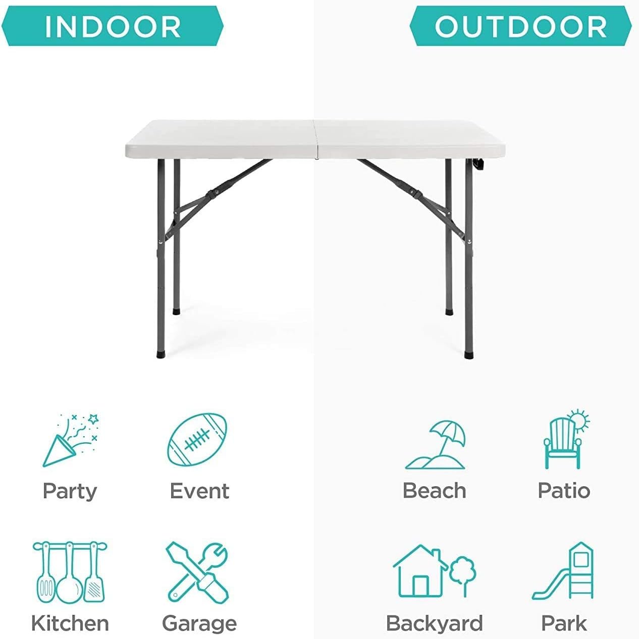New Home Era Folding Utility Table, 4ft Fold-in-Half Portable Plastic Picnic Party Dining Camp Table