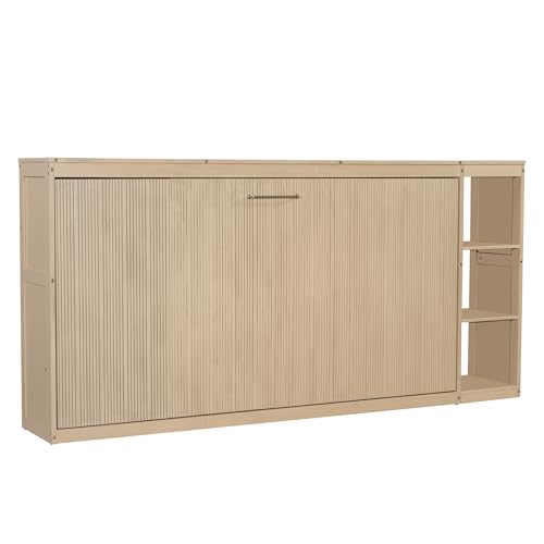Full Size Horizontal Murphy Bed with Shelves, Full Murphy Bed with Side Bookcase, can be Folded into a Cabinet, Hideaway Wall Bed Space-Saving for Guest Room Bedroom Office, Natural