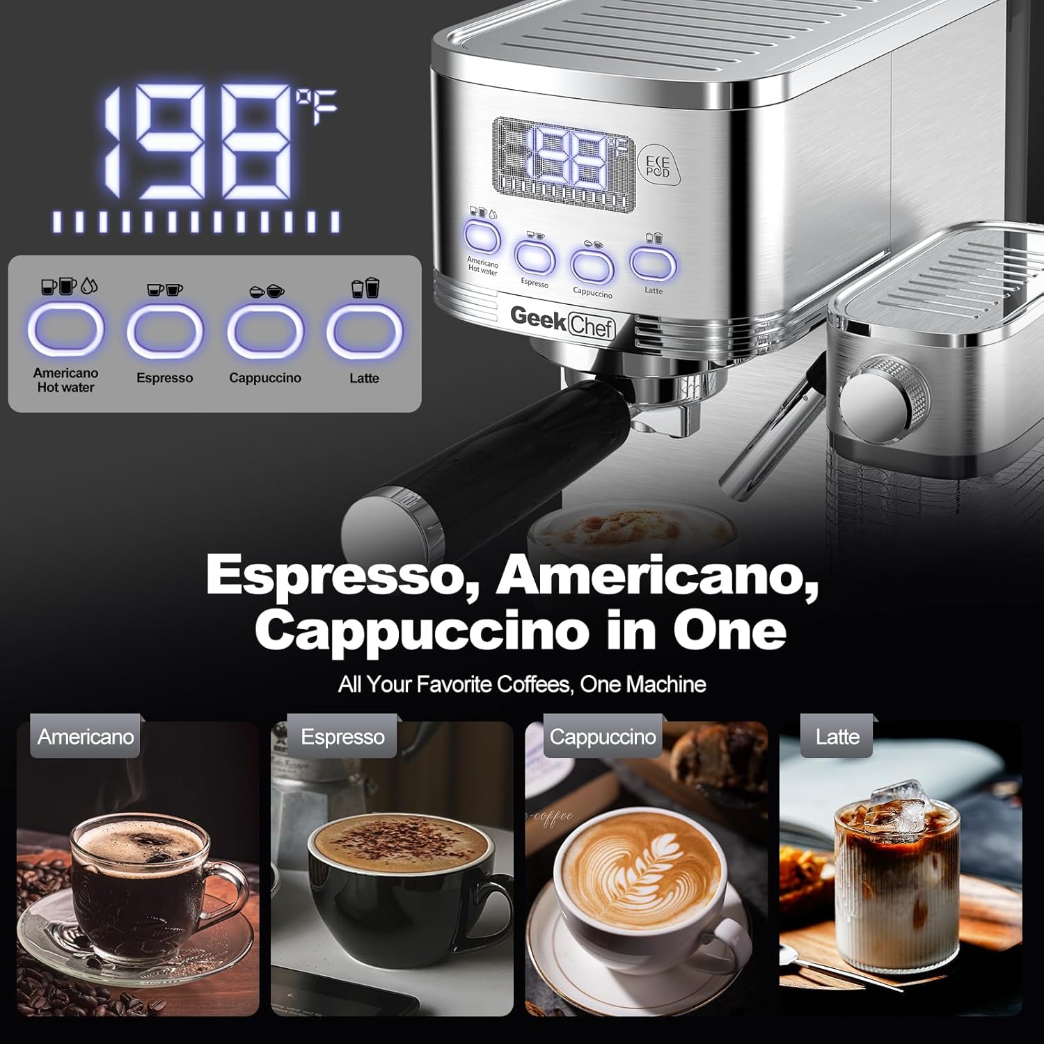 Geek Chef Espresso Machine with Built-In Automatic Milk Frother, 7-in-1 Cappuccino & Latte Machine for Home, 80s Get Americano Coffee, ESE POD Filter, 20 Bar, Stainless Steel