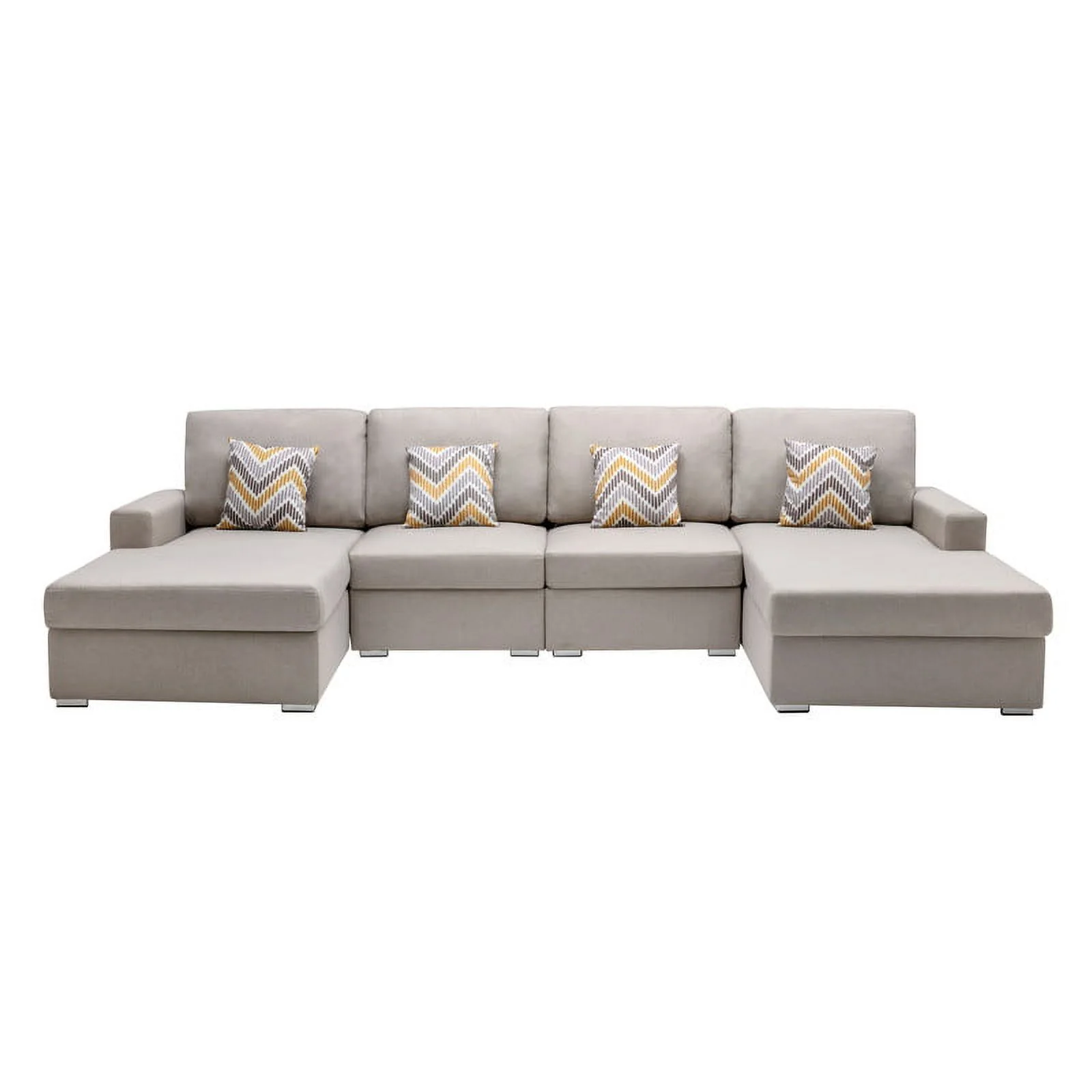 Lilola Home Nolan Linen Fabric 4Pc Double Chaise Sectional Sofa with Pillows and Interchangeable Legs-Color:Beige