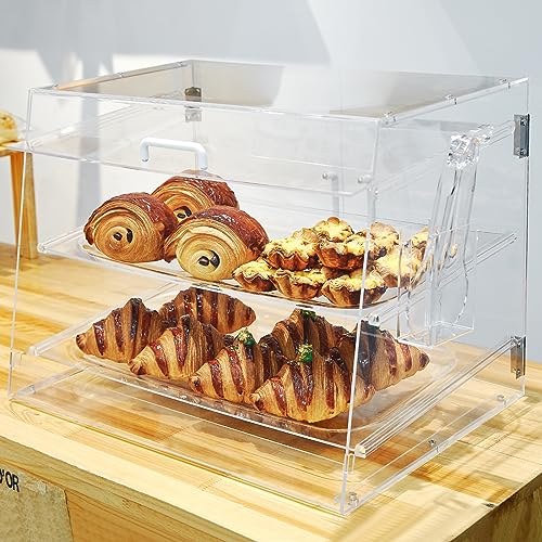 3 Tray Commercial Countertop Bakery Display Case 21" x 17.3" x 14" Acrylic Pastry Display Case with Serving Tong, Bread Display Case with Front & Rear Doors