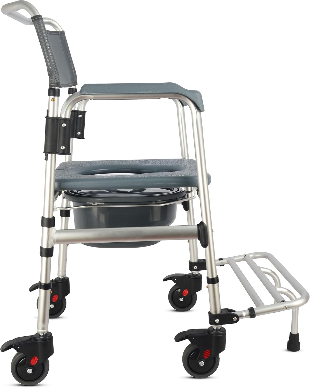 3-in-1 Aluminum Bedside Commode Toilet Shower Chair with Swivel Wheels 6.3 qt Bucket 4 Brake Casters Tool-free Assembly Support Up to 300 lbs Height Adjustable Lightweight
