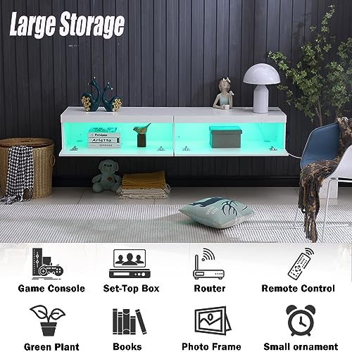 Floating TV Stand, 71" Floating entertainment center wall mounted,Floating Wall Mounted TV Shelf with Led Lights and Power Outlet,Modern High Gloss tv Cabinet Media Console with Storage