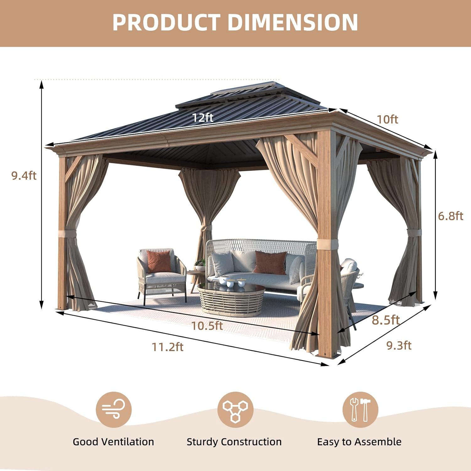 MELLCOM 10' x 12' Hardtop Gazebo, Wooden Finish Coated Aluminum Frame Gazebo with Galvanized Steel Double Roof, Brown Metal Gazebo with Curtains and Nettings for Patio, Lawn & Garden