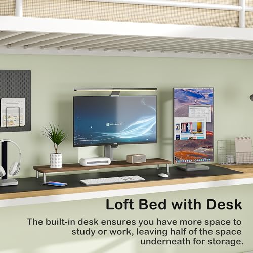 VECELO Metal Loft Bed Twin Size, Heavy Duty Bedframe with Removable Ladder and Safety Guardrail, Space-Saving, Noise Free, No Box Spring Needed, Off White